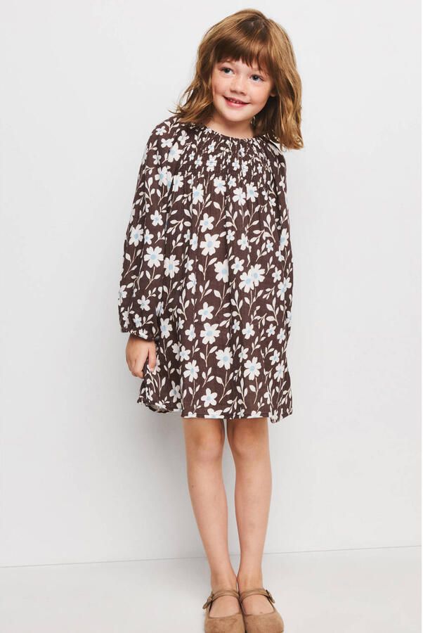 Mango Kids gebloemde korte jurk met smockwerk donkerbruin wit lichtblauw