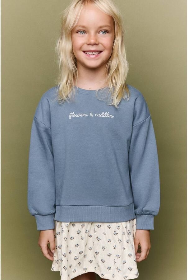Mango Kids gebloemde midi sweatjurk met tekst blauw beige Meisjes Katoen Ronde hals