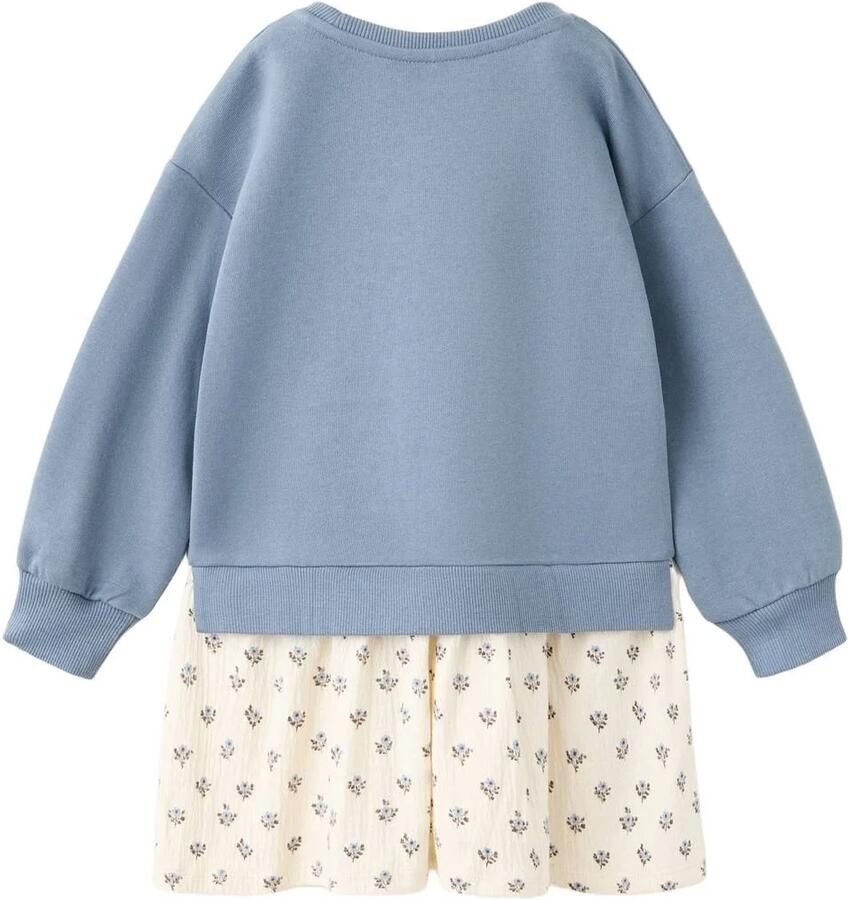 Mango Kids gebloemde midi sweatjurk met tekst blauw beige Meisjes Katoen Ronde hals - Foto 2