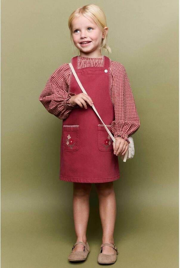 Mango Kids gebloemde overgooier met borduursels rood Jurk Meisjes Katoen Vierkante hals