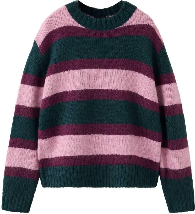 Mango Kids gebreide gestreepte trui donkergroen roze paars Meisjes Acryl Ronde hals