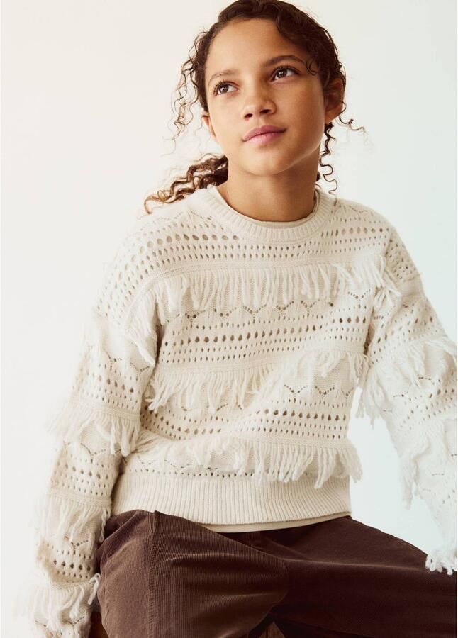 Mango Kids gebreide trui met franjes beige Meisjes Polyester Ronde hals