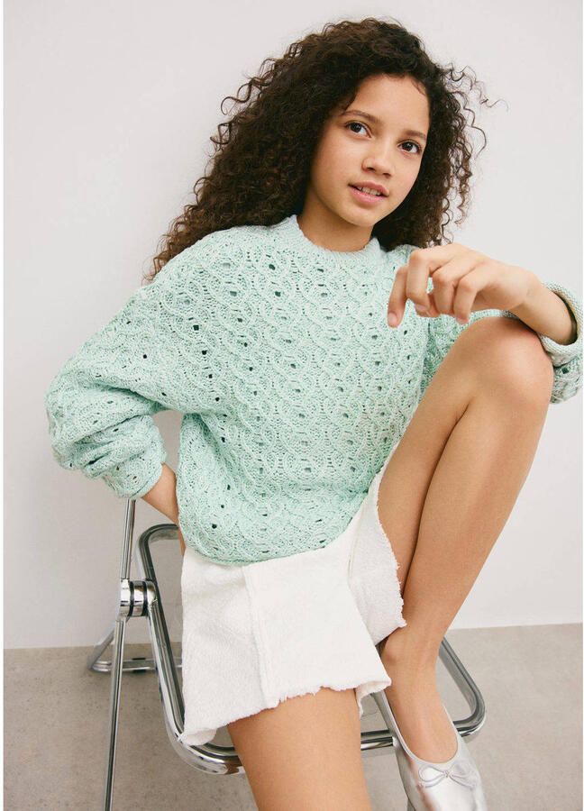 Mango Kids gebreide trui met open breisel turquoise - Foto 2