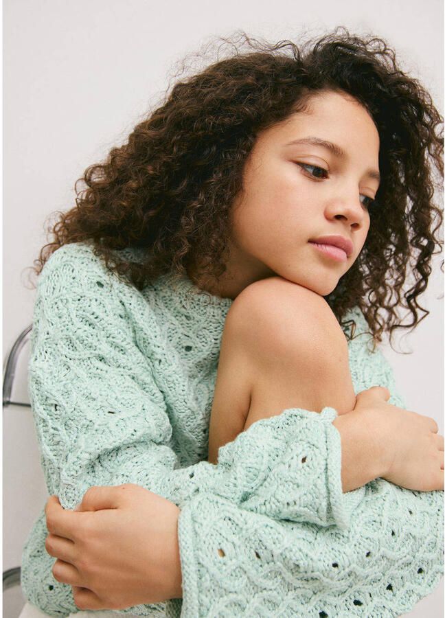 Mango Kids gebreide trui met open breisel turquoise - Foto 3