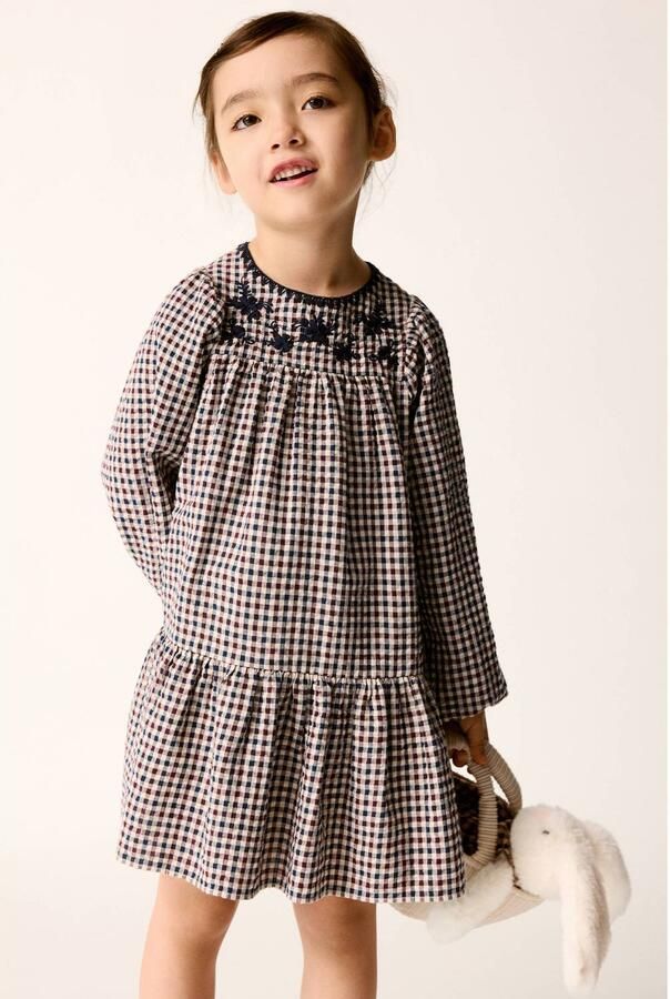 Mango Kids geruite korte A-lijn jurk met ruches marineblauw ecru rood