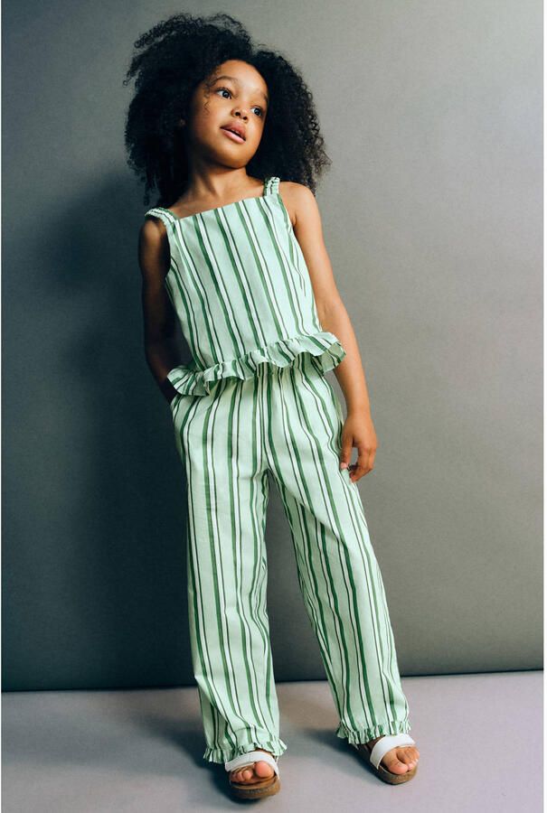 Mango Kids gestreepte broek met ruches lichtgroen