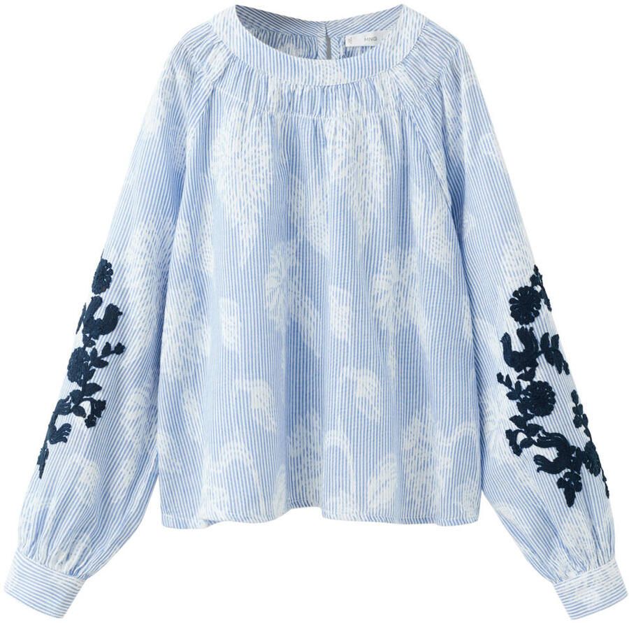 Mango Kids gestreepte gebloemde blousetop lichtblauw