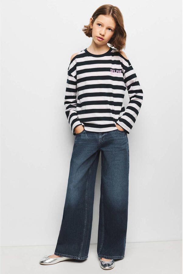 Mango Kids gestreepte longsleeve met open schouders en backprint marineblauw