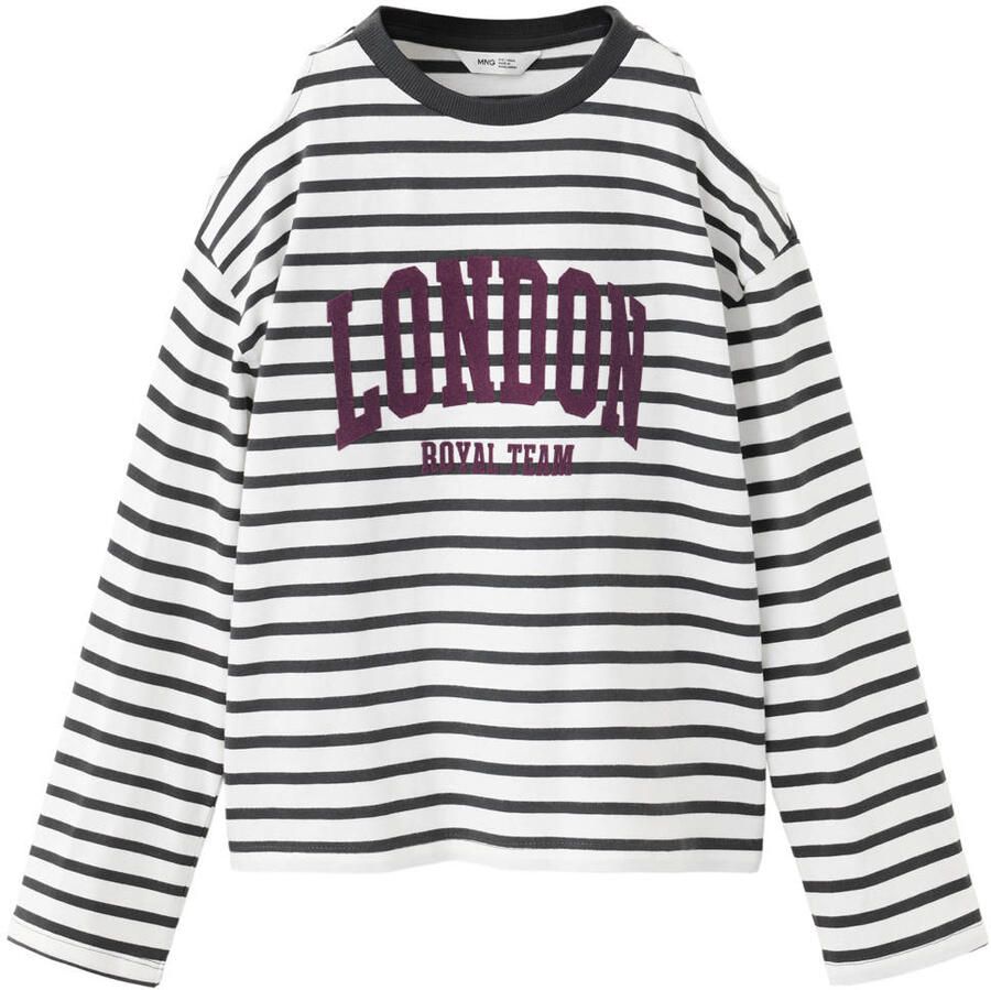 Mango Kids gestreepte longsleeve met open schouders en tekst