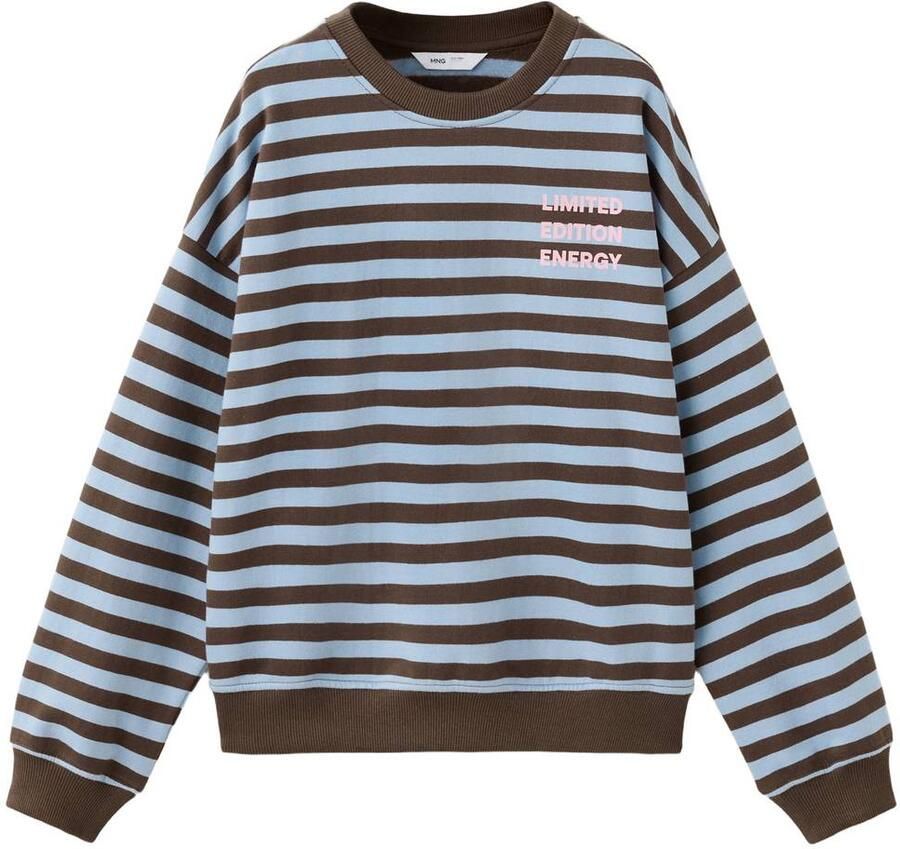 Mango Kids gestreepte sweater met tekst bruin blauw Meisjes Katoen Ronde hals