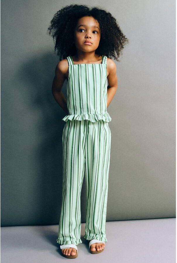 Mango Kids gestreepte top met ruches lichtgroen - Foto 2