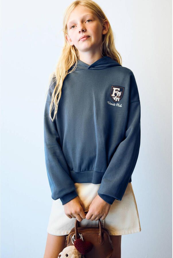 Mango Kids hoodie met borduursels en backprint blauw