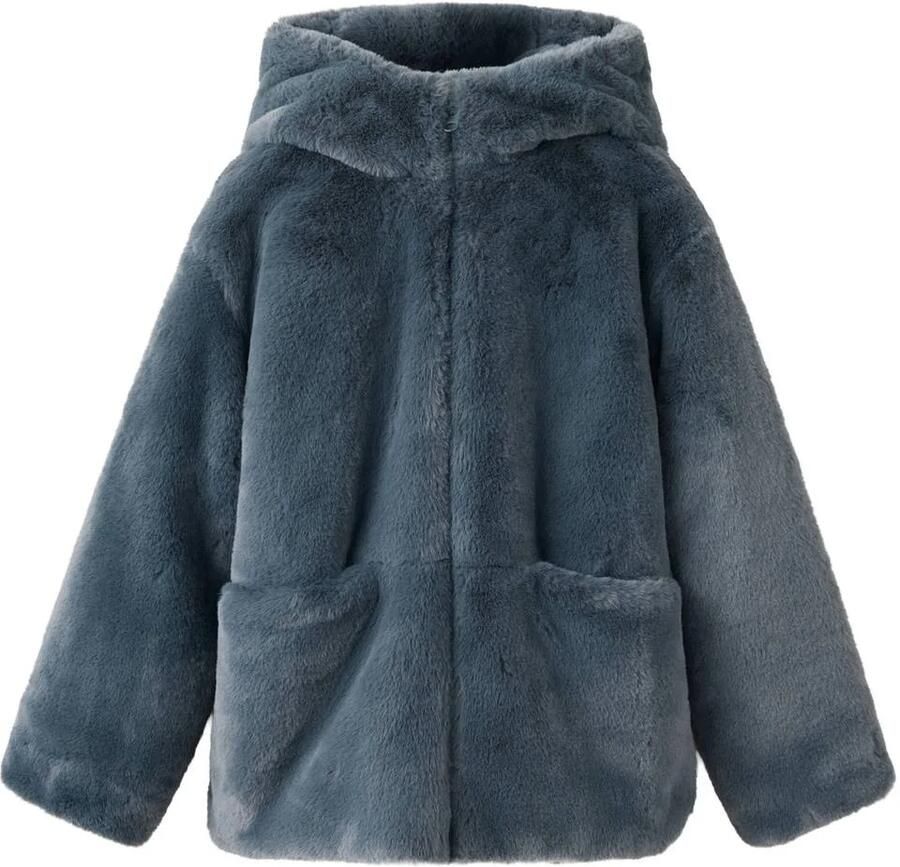 Mango Kids imitatiebont winterjas antraciet Grijs Meisjes Polyester Capuchon