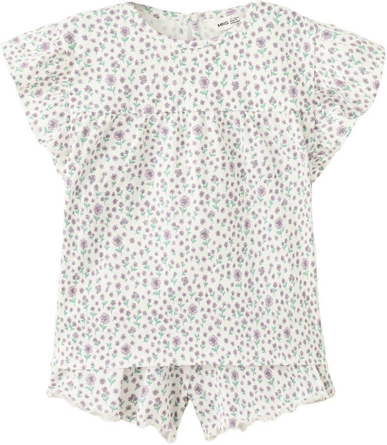 Mango Kids katoenen gebloemde shortama met ruches ecru paars