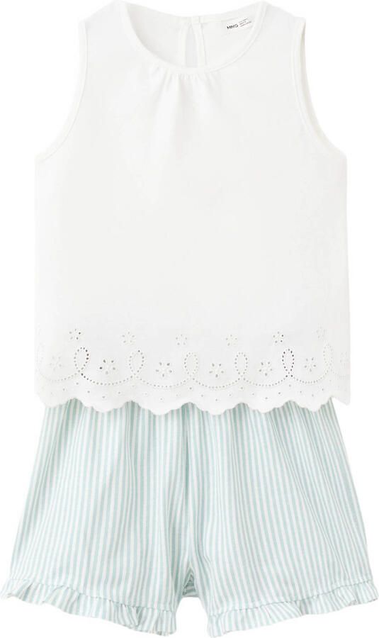 Mango Kids katoenen gestreepte shortama met ruches wit groen