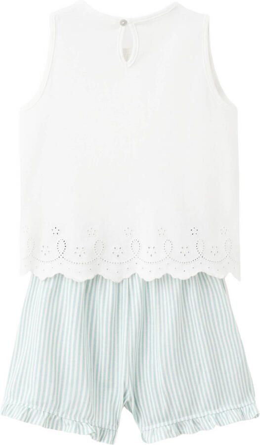 Mango Kids katoenen gestreepte shortama met ruches wit groen - Foto 3