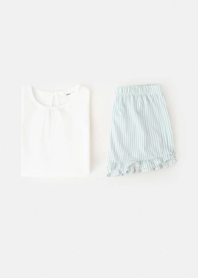Mango Kids katoenen gestreepte shortama met ruches wit groen - Foto 2