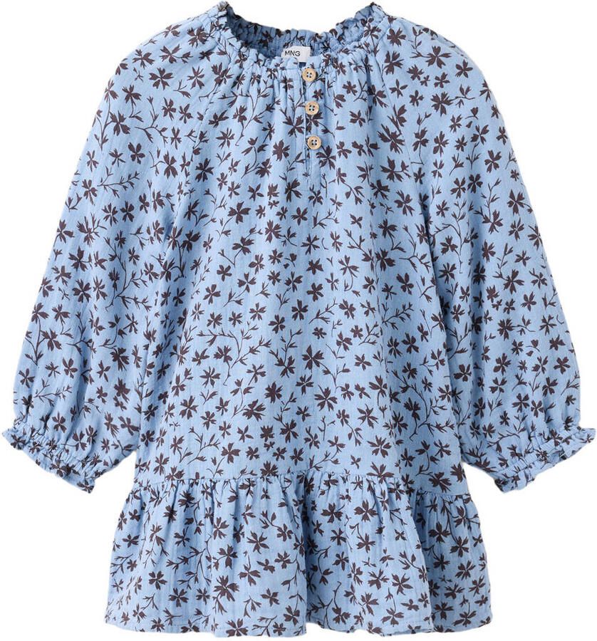 Mango Kids korte jurk met ruches en print lichtblauw bruin
