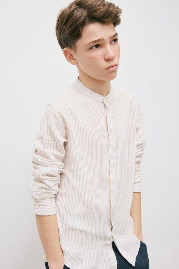 Mango Kids linnen gestreepte overhemd beige