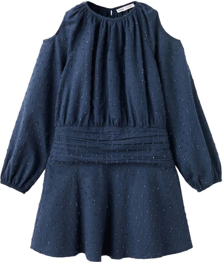 Mango Kids metaal midi blousejurk met open schouders en smockwerk marineblauw