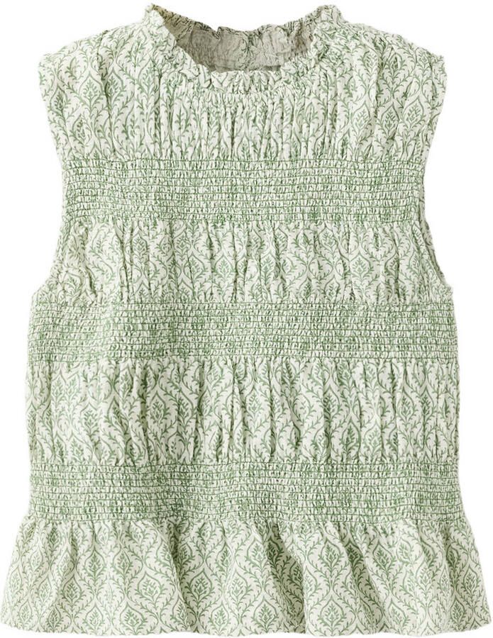 Mango Kids mouwloze blousetop met plooien smockwerk en print groen