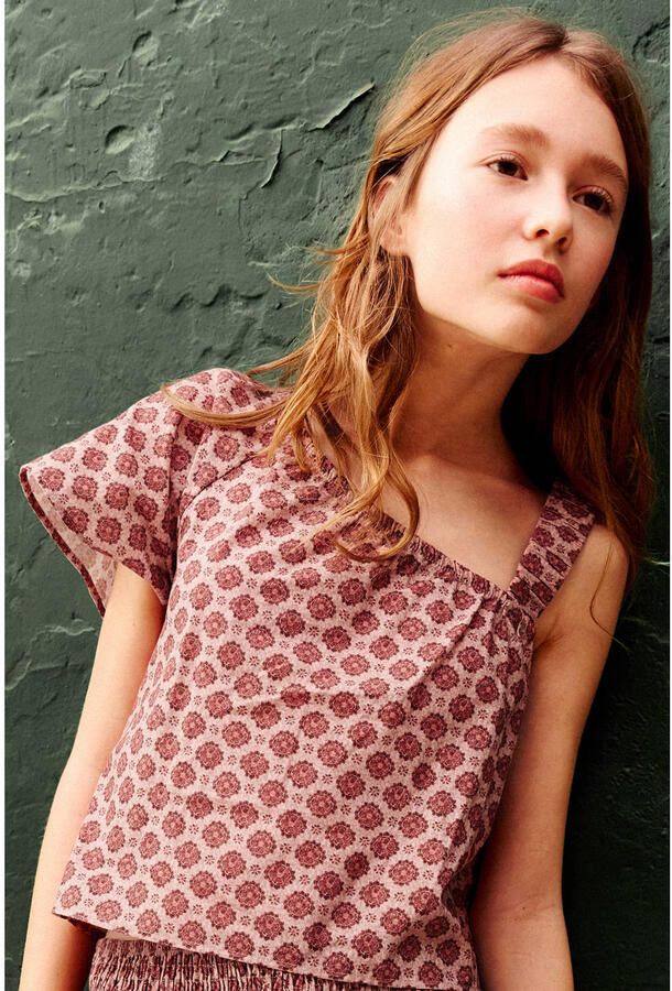 Mango Kids one shoulder gebloemde top donkerrood - Foto 3