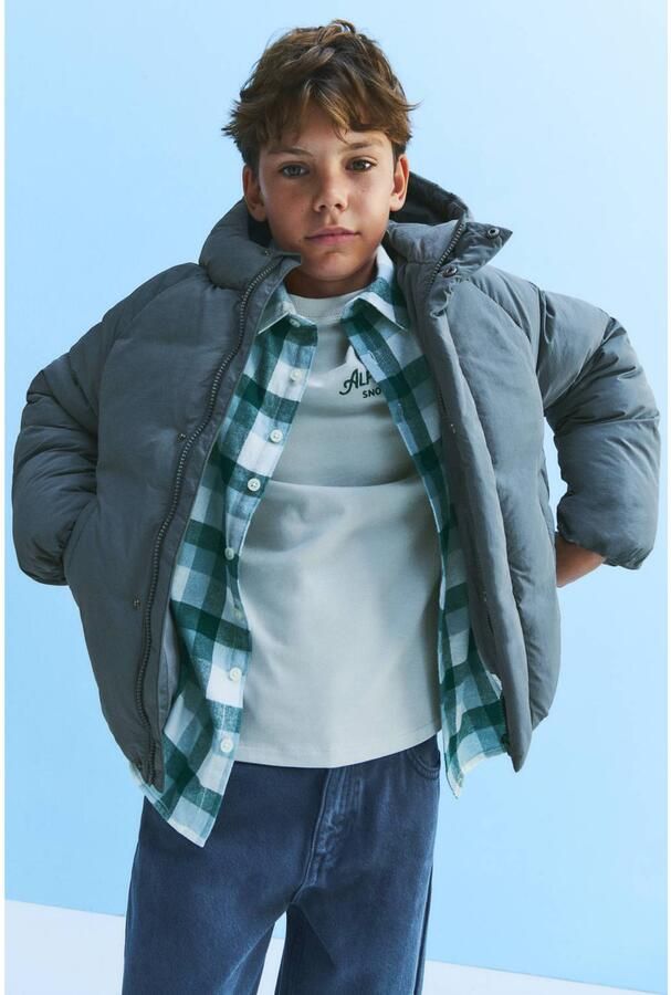 Mango Kids pufferjas grijsblauw Jongens Polyamide Capuchon Effen