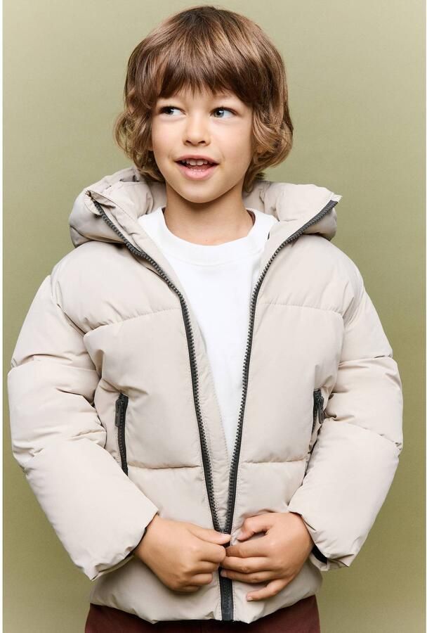 Mango Kids pufferjas lichtbeige Jongens Polyester Capuchon Effen