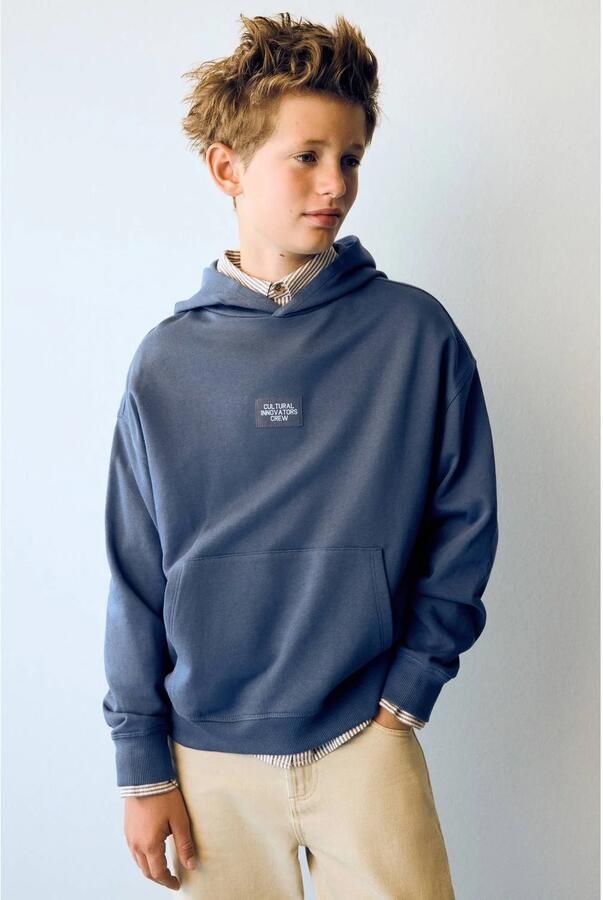 Mango Kids rechtvallende hoodie met backprint middenblauw Sweater Backprint