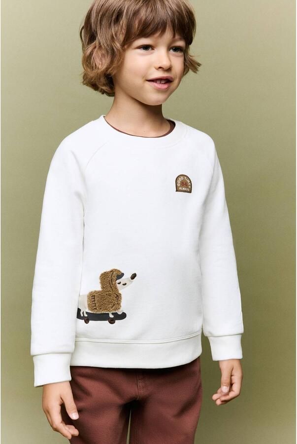 Mango Kids rechtvallende sweater met borduursels naturel wit Ecru Printopdruk