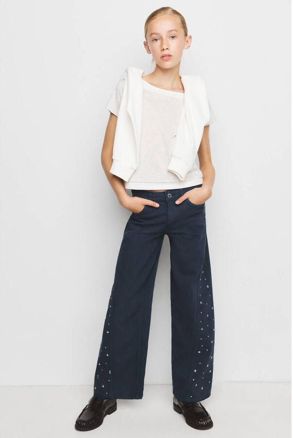 Mango Kids regular waist wide leg cropped jeans met strass-steentjes donkerblauw