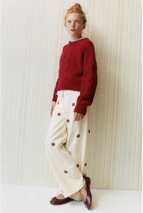 Mango Kids regular waist wide leg gebloemde jeans met borduursels ecru rood