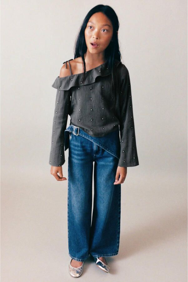 Mango Kids regular waist wide leg jeans mediumblauw