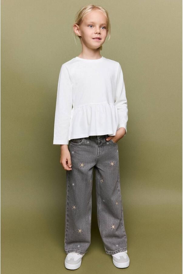 Mango Kids straight leg jeans met borduursels en sterren grey denim
