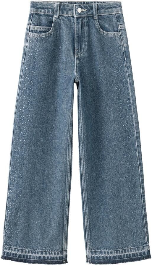 Mango Kids straight leg jeans met strass-steentjes en print middelblauw