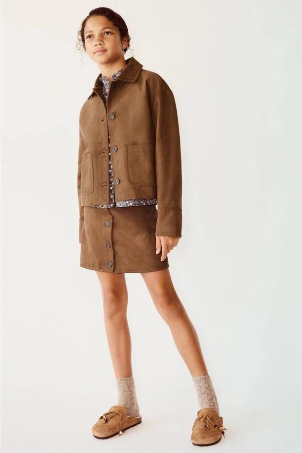 Mango Kids suèdelook tussenjas bruin Meisjes Polyester Klassieke kraag