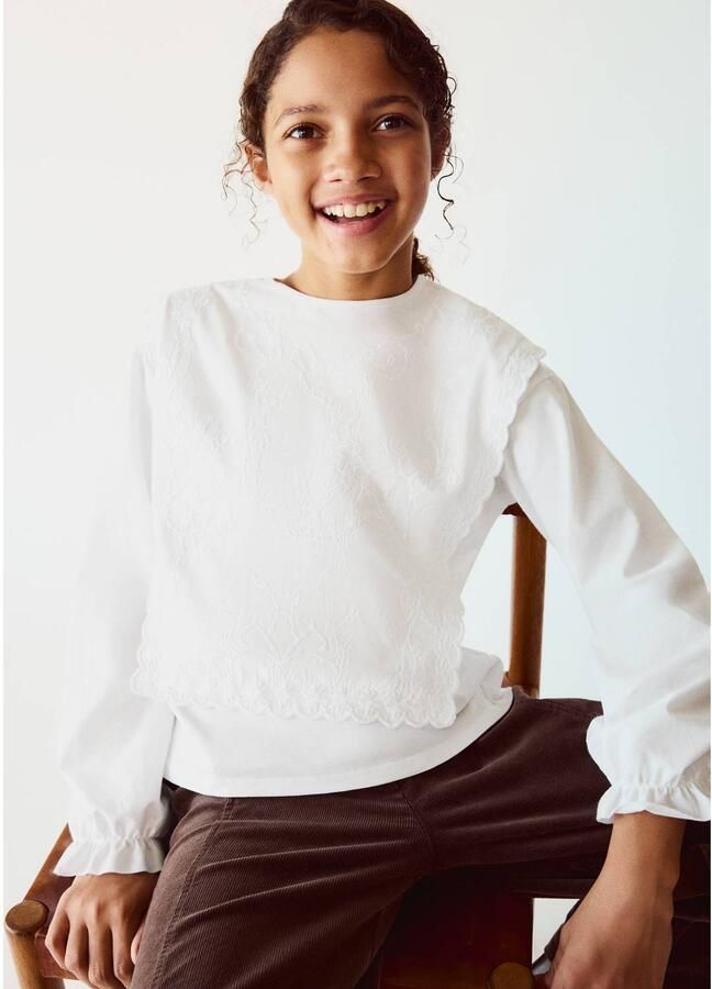 Mango Kids T-shirt met borduursels naturel wit Meisjes Katoen Ronde hals