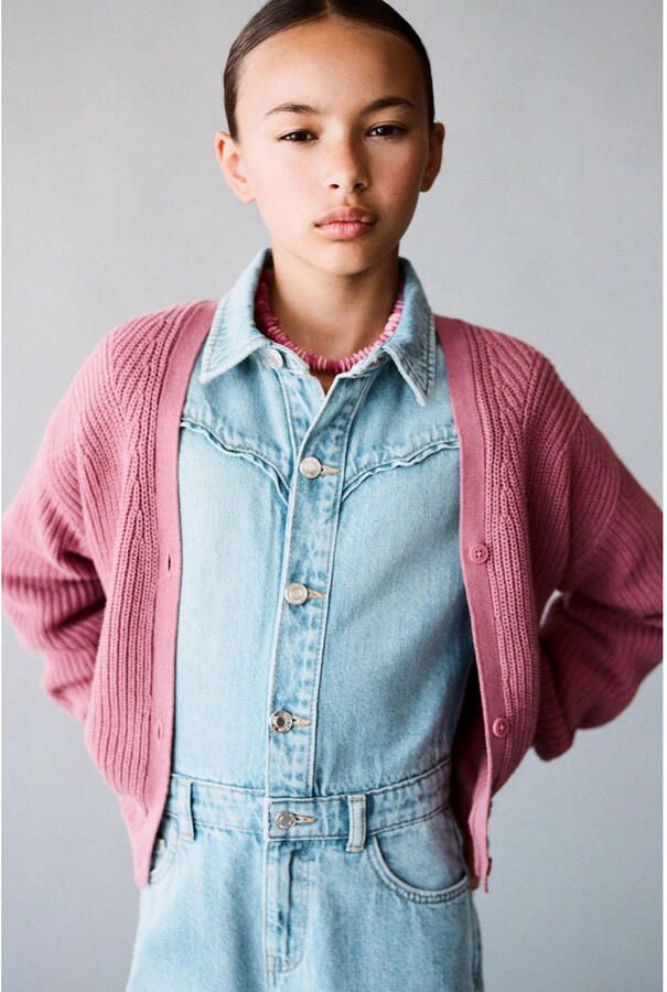 Mango Kids vest roze grof gebreid