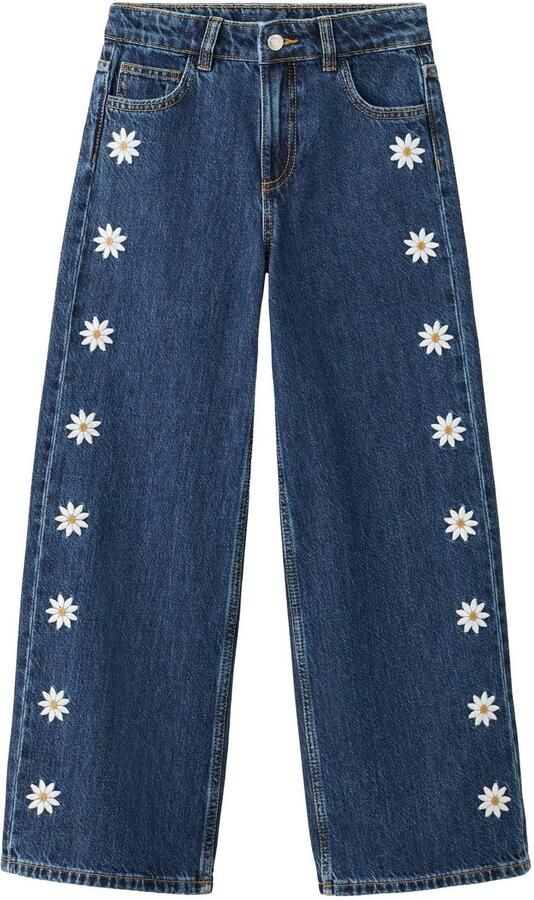 Mango Kids wide leg gebloemde jeans met borduursels changeant blauw Meisjes Katoen