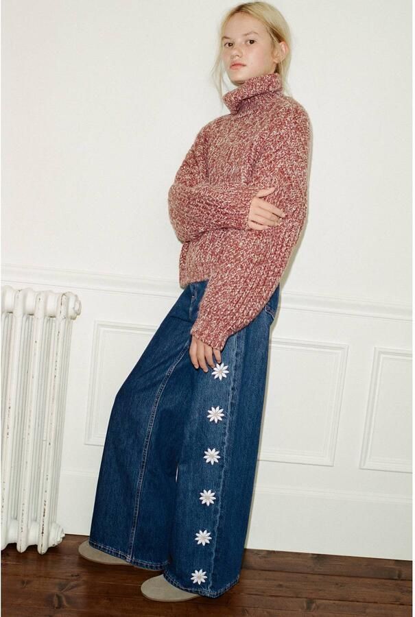 Mango Kids wide leg gebloemde jeans met borduursels changeant blauw Meisjes Katoen - Foto 3