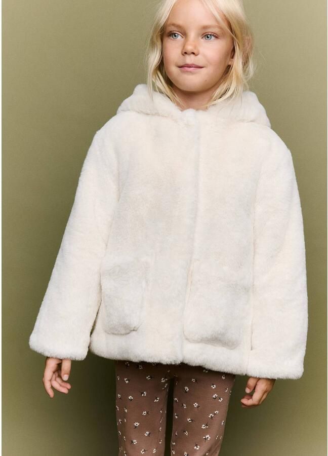 Mango Kids winter faux fur jas wit Meisjes Imitatiebont Capuchon Effen