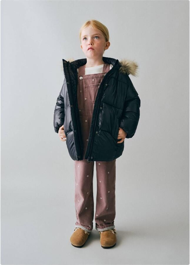 Mango Kids winterjas met imitatiebontkraag donkerblauw Meisjes Polyester Capuchon