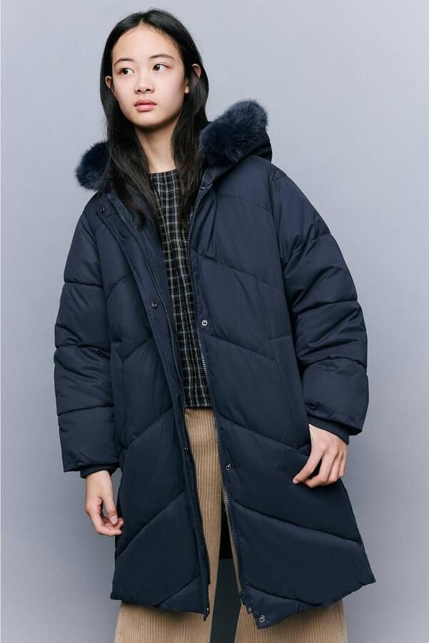 Mango Kids winterjas met imitatiebontkraag donkerblauw Meisjes Polyester Capuchon