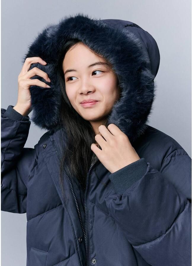 Mango Kids winterjas met imitatiebontkraag donkerblauw Meisjes Polyester Capuchon - Foto 2