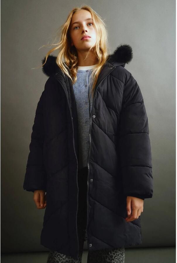 Mango Kids winterjas met imitatiebontkraag zwart Meisjes Polyester Capuchon