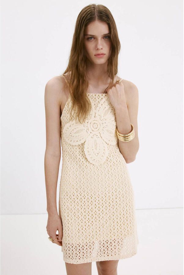 Mango korte gehaakte bohemian zomerjurk beige