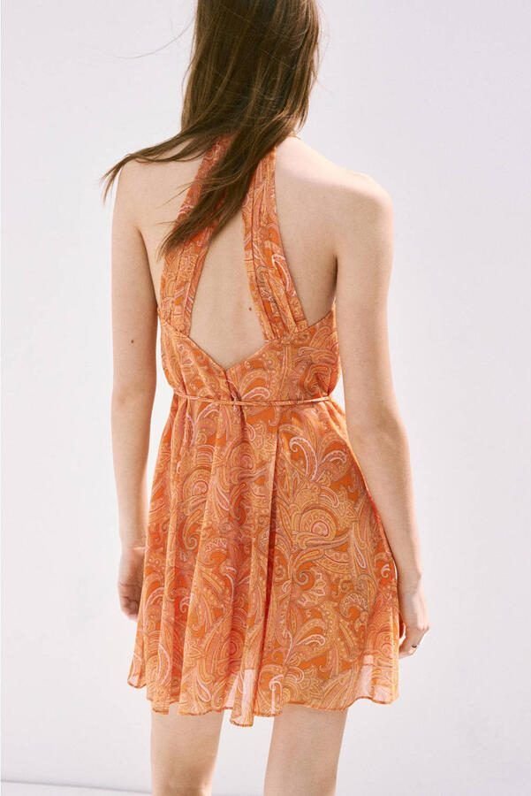 Mango korte halterjurk met open rug en paisley oranje - Foto 3