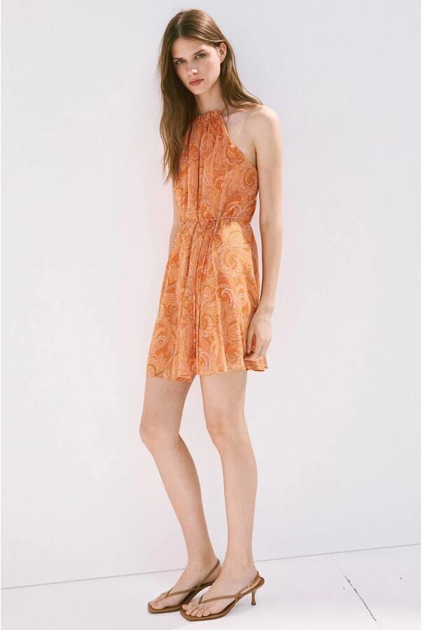 Mango korte halterjurk met open rug en paisley oranje - Foto 2