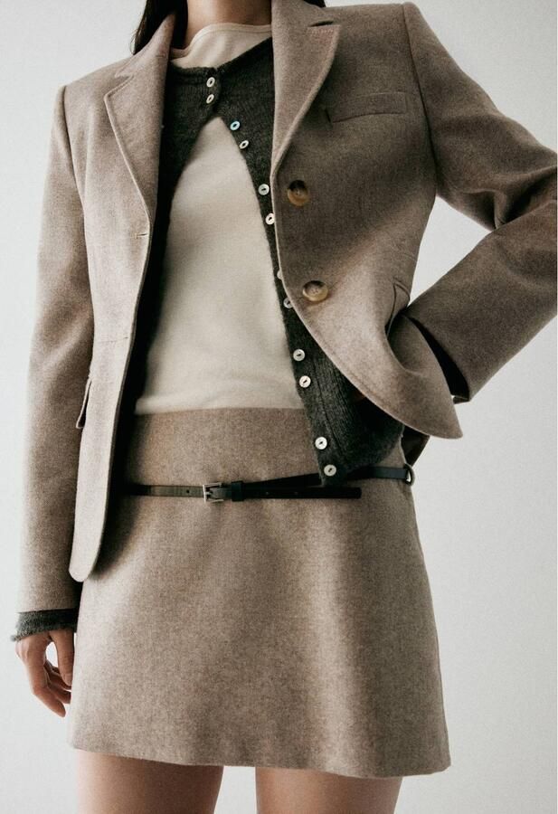Mango korte mini rok met ceintuur en wol beige