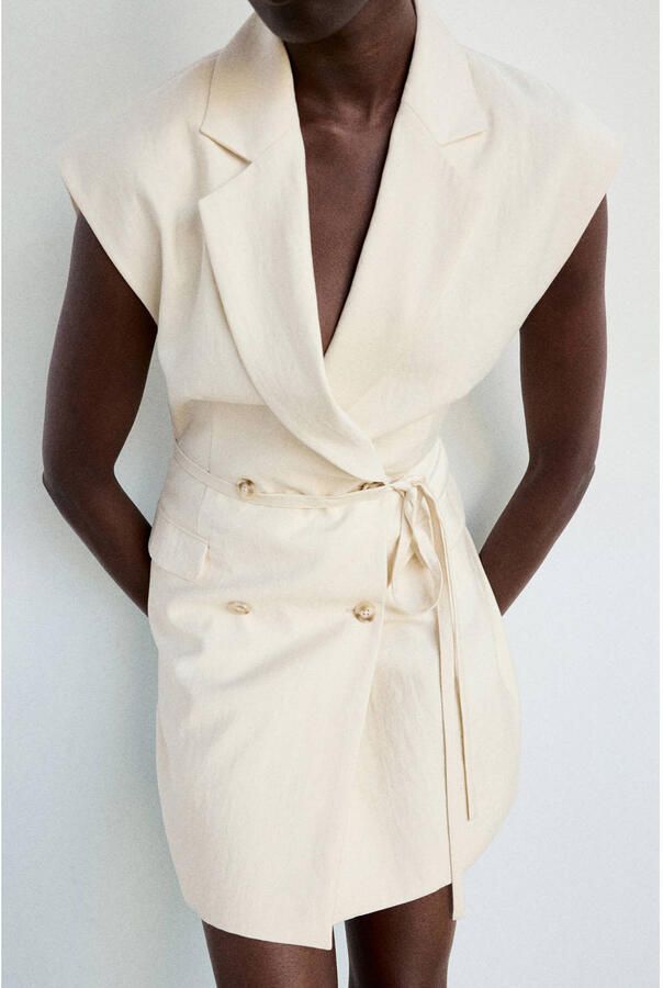 Mango korte zomerjurk met ceintuur beige - Foto 3
